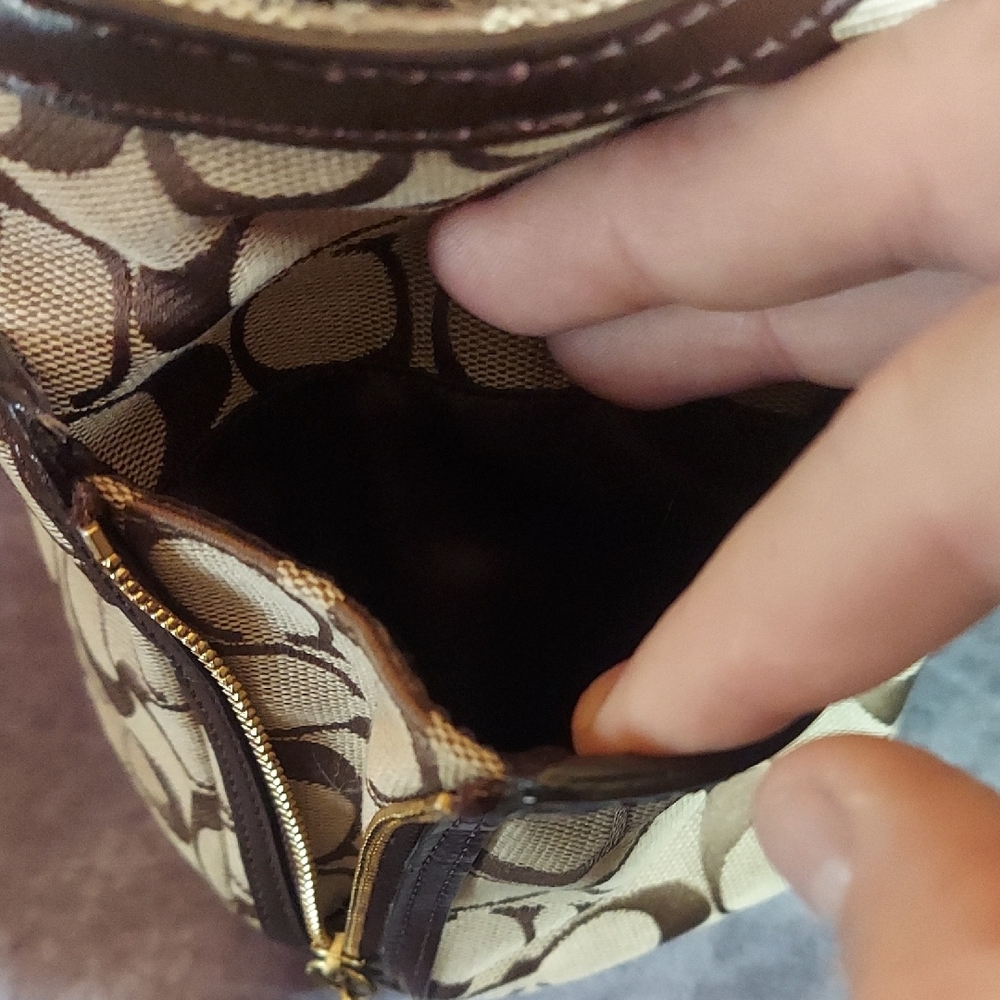 Coach Signature Demi Zip Shoulder Bag Khaki Brown Leather Jacquard Gold #19249 - Picture 4 of 12